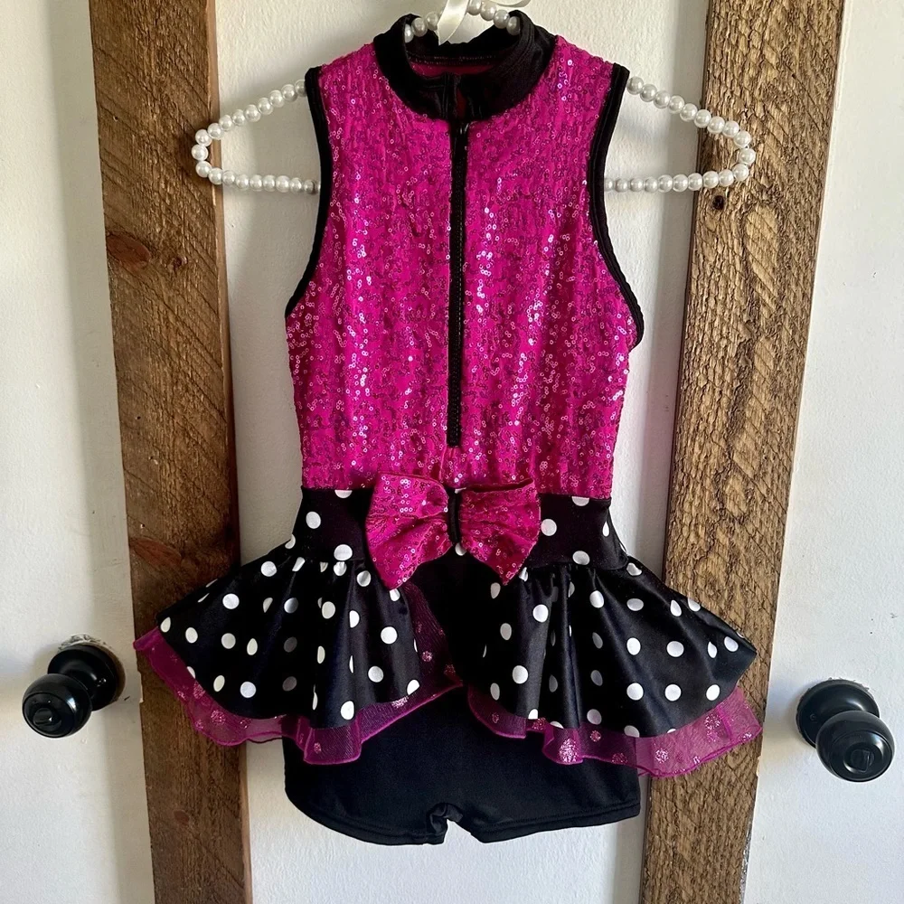 Curtain Calls Girls Costume sparkle biketard with polka dot skirt EUC sz Medium